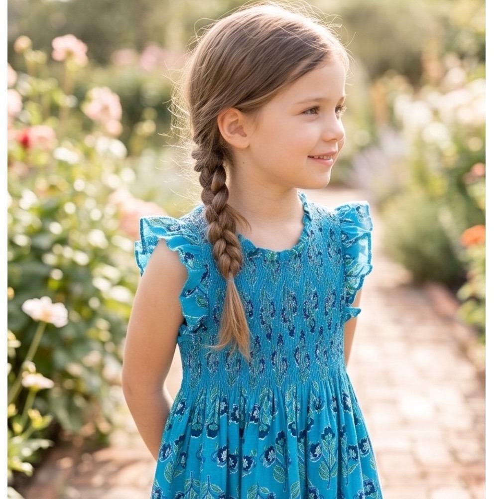 French Connection Smocked Floral Boho Turquoise Dress Ruffle Sleeve Xs (5/6)